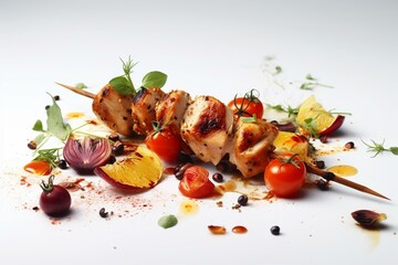 Grilled chicken skewers with vegetables, healthy eating concept, isolated on a white background, generative ai