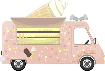 Cartoon style ice cream truck with open window for selling ice cream.