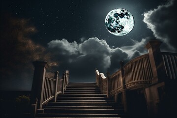 cloudy night sky with a stair towards the christmas moon. Generative AI