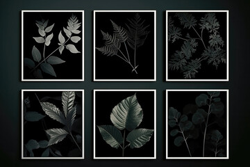 Set Black Square Frame With Painting Of Lush Leaves. Generative AI