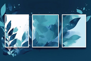 Set Blue Square Frame With Painting Of Lush Leaves. Generative AI