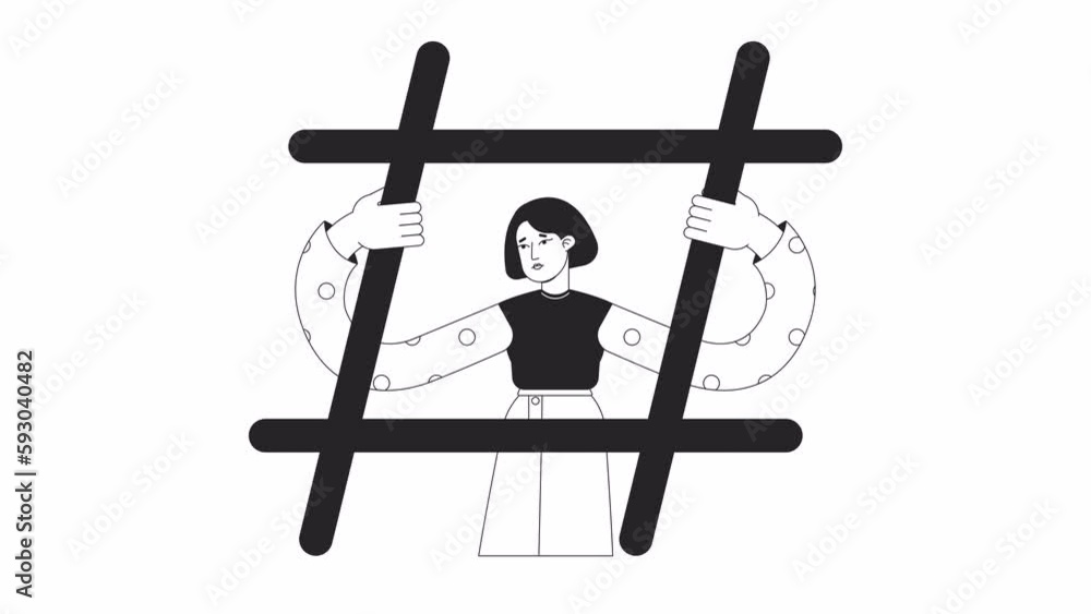 Poster getting hashtaged bw animation. animated girl stuck in hashtag 2d flat monochromatic thin line chara