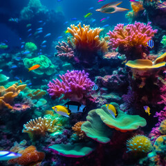 Naklejka na ściany i meble Animals of the underwater sea world. Ecosystem. Colorful tropical fish. Life in the coral reef. Generative AI.