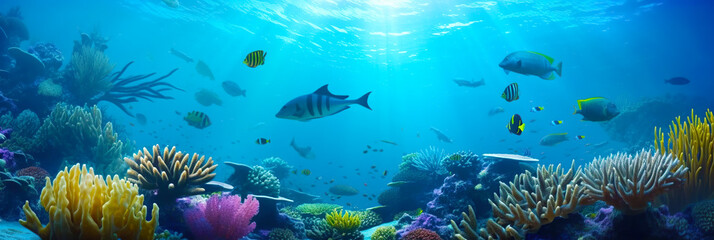Fototapeta na wymiar Animals of the underwater sea world. Ecosystem. Colorful tropical fish. Life in the coral reef. Generative AI.