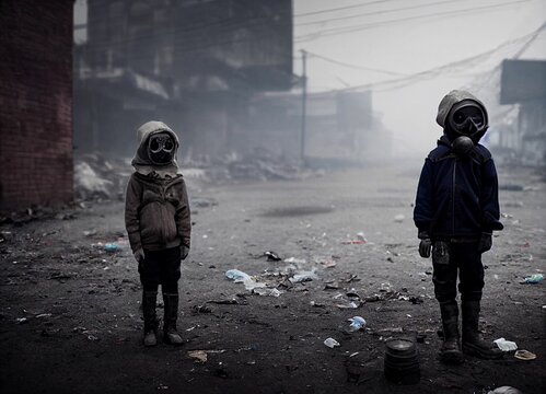 Pair of children wearing gas masks in an apocalyptic dystopian polluted environment