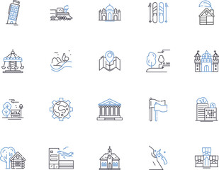 World travel outline icons collection. tourism, journey, trips, explorer, expeditions, wanderlust, cruises vector and illustration concept set. explorer, flight, excursions linear signs