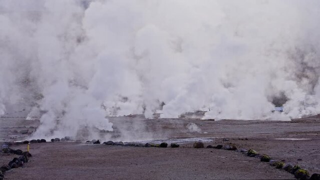 Water steam rising in slow motion from a El Tatio Geyser Field. Third-largest geyser field in the world.