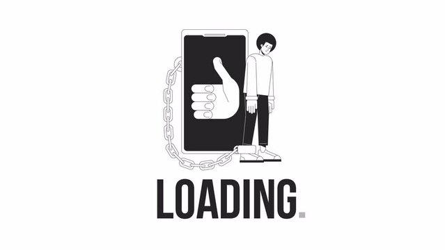 Chained to phone bw loader animation. Obsession of social media. Flash message 4K video footage. Isolated monochrome loading progress indicator with alpha channel transparency for UI, UX web design