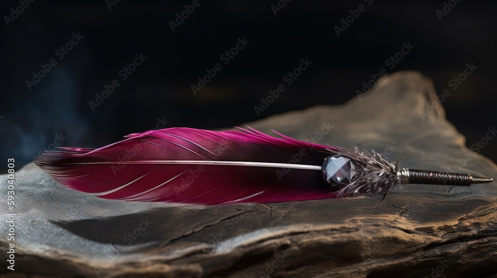 Poster a feather quill resting on a rock with a black background. generative ai