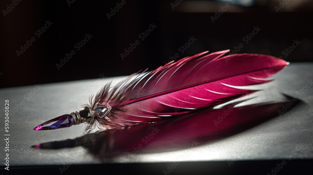 Poster a feather quill resting on a table in the sunlight. generative ai