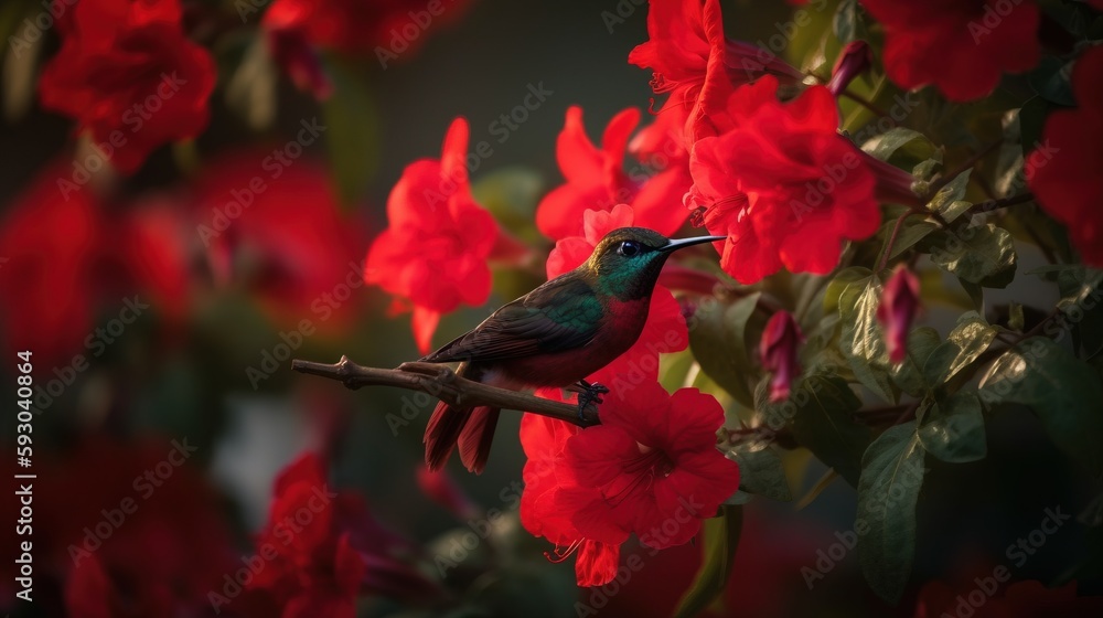 Poster a bird sitting on a branch with red flowers in the background. generative ai