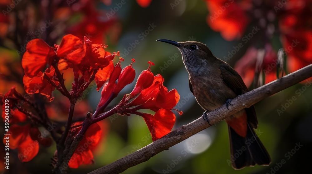 Poster a bird sitting on a branch with red flowers in the background. generative ai