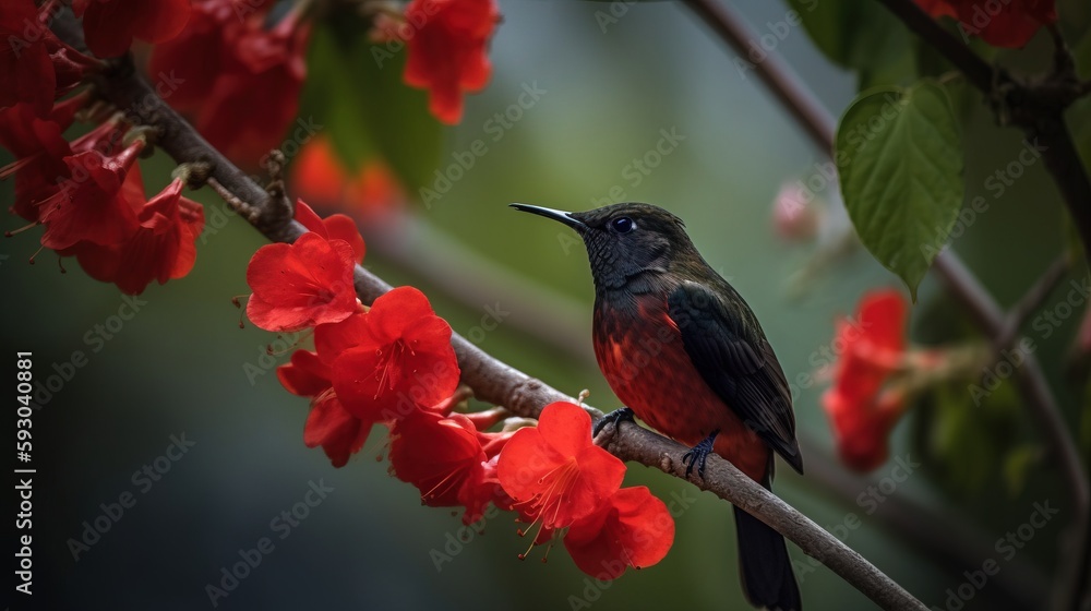 Poster a bird sitting on a branch with red flowers in the background. generative ai