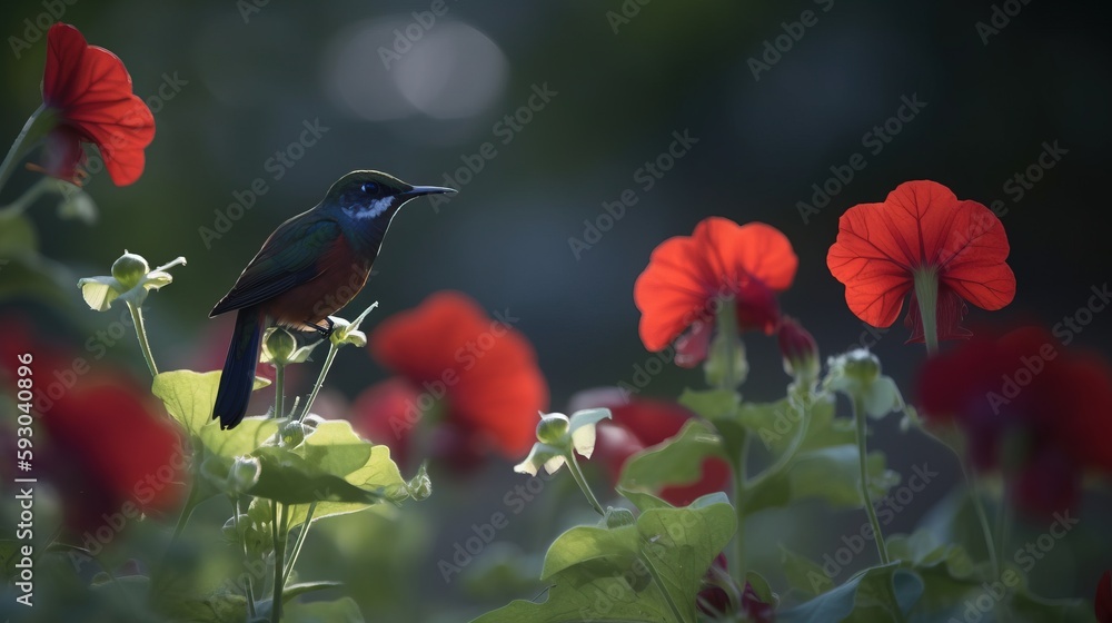 Poster a small bird is sitting on a branch in a field of flowers. generative ai