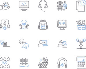 Training students outline icons collection. Train, Students, Instruct, Educate, Tutor, Coach, Discipline vector and illustration concept set. Develop, Skills, Teach linear signs