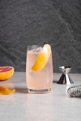 Homemade Paloma cocktail booze tequila, grapefruit juice, lime juice, syrup and club soda grapefruit peel as garnish