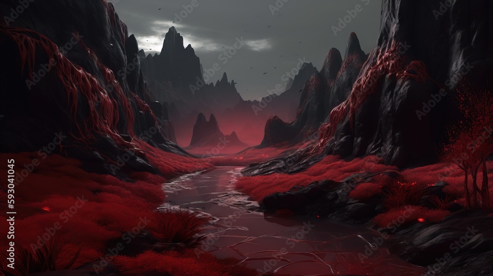 Poster a red landscape with a river running through the middle of it. generative ai