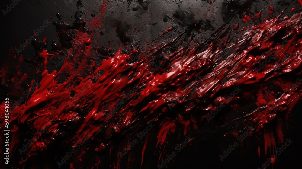 Poster a dark background with red paint splattered across it, creating a vivid contrast between the two col