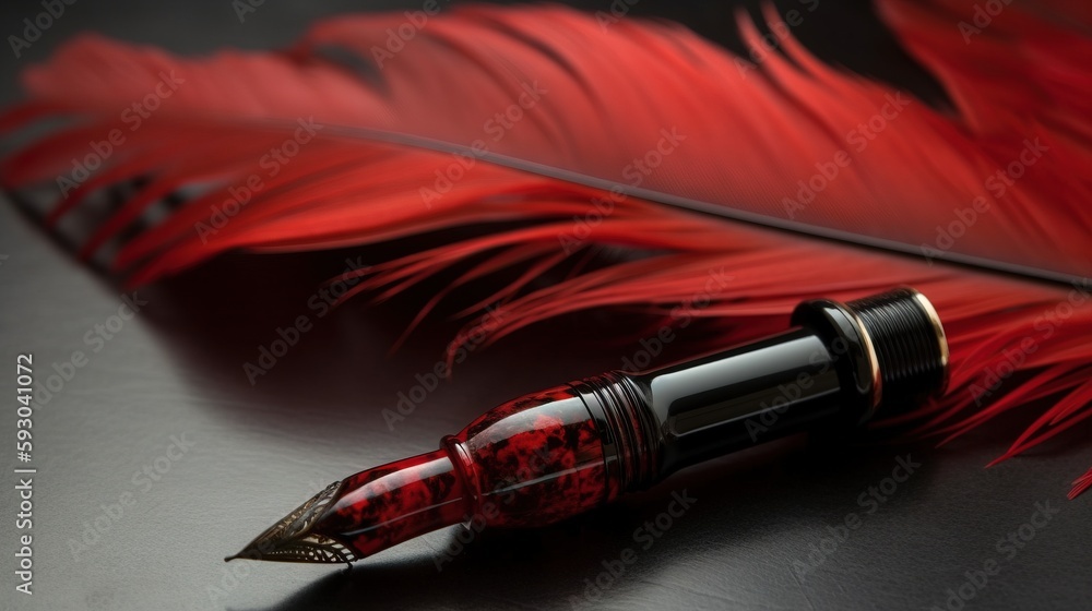 Poster a red feather pen resting on a black surface next to a red feather. generative ai