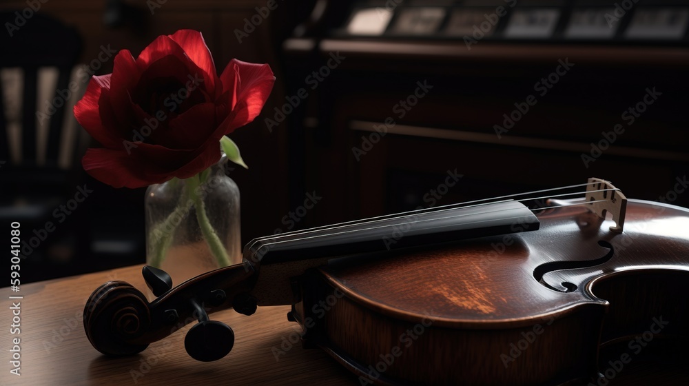Poster a violin and a vase with a flower in it on a table. generative ai