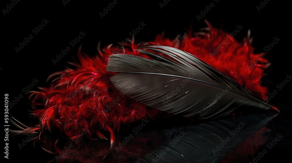 Poster a red feather on a black surface with a reflection of it. generative ai