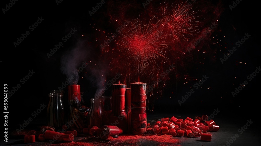 Poster a bunch of red candles are on a black surface with fireworks in the background. generative ai