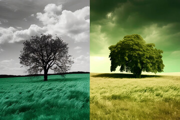 Generative AI illustration of One tree in the middle of a green field and then the other tree in the middle