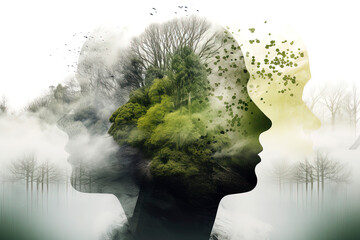 Generative AI illustration of Human head full of plants and trees to save the planet, environment thoughts