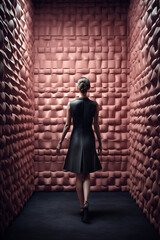 Obraz na płótnie Canvas Generative AI illustration of Elegant and attractive 30-year-old woman with her back turned to a futuristic wall dressed in a luxurious leather dress