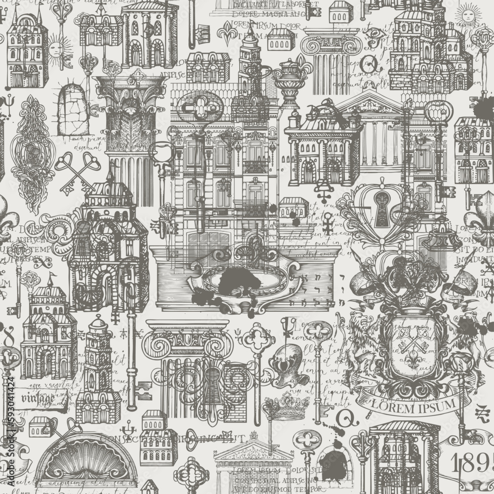 Poster abstract grunge seamless pattern on ancient architecture and art. hand-drawn vector background with 