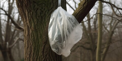 A single-use plastic bag tangled in a tree, illustrating the pervasiveness of pollution, concept of Environmental degradation, created with Generative AI technology