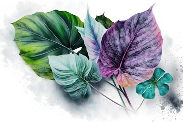 Watercolor Paint of Colorful Taro Leaves. Created with Generative AI Technology