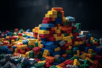 Pile of child's building blocks in multiple colours. Generative AI