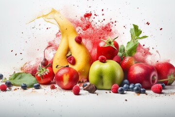 a group of fruits and vegetables are mixed with colored powder and sprinkles on a white background with a splash of green and red. generative ai
