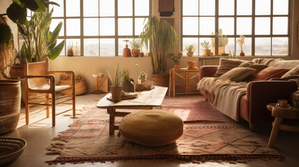 Bohemian Living Room with Warm Tones and Plants - ai generative