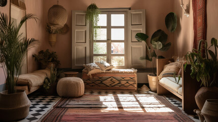 Bohemian Living Room with Warm Tones and Plants - ai generative