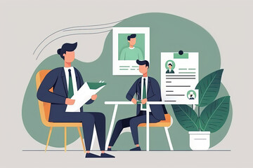 Qualified and experienced candidate is being interviewed for the position of office worker. Flat cartoon illustration generative AI
