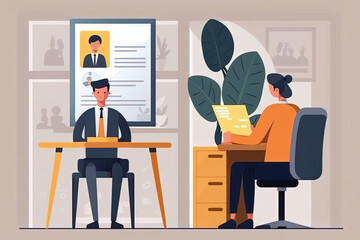 Human resource manager checking cv information in resume while candidate waiting interview for a vacant position. Flat cartoon illustration generative AI