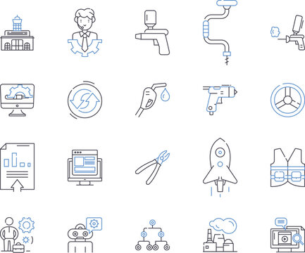 Builder production outline icons collection. Constructor, Fabricator, Manufacturer, Assembler, Producer, Carpentry, Craftsman vector and illustration concept set. Artisan, Joiner, Craftsmanship linear