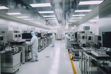 Naklejka na ściany i meble state-of-the-art semiconductor fabrication facility, highlighting the cutting-edge technology and precision involved in semiconductor production - Generative AI
