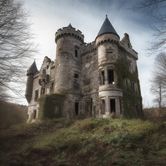 Fototapeta premium Abandoned castle or real estate in forest. Generative AI
