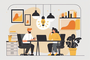 Home office workplace. People working together at coworking space. Flat cartoon illustration generative AI