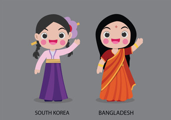 South Korea peopel in national dress. Set of Bangladesh woman dressed in national clothes. Vector flat illustration.