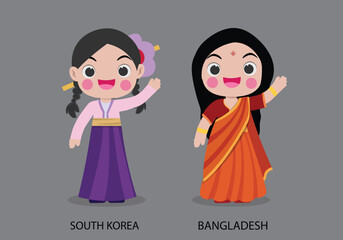 South Korea peopel in national dress. Set of Bangladesh woman dressed in national clothes. Vector flat illustration.