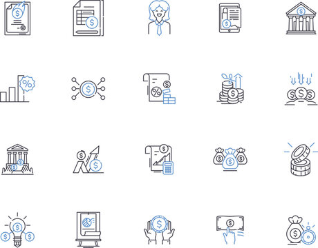 Credit outline icons collection. Credit, Loans, Cards, Banking, Score, History, Debt vector and illustration concept set. Fraud, Investment, APR linear signs