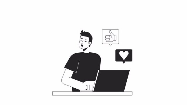 Social media overwhelm bw animation. Guy looking away from laptop isolated 2D flat monochromatic thin line character 4K video footage on white with alpha channel transparency for web design