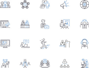 Fototapeta na wymiar Public relations agency outline icons collection. Public, Relations, Agency, PR, PR Agency, Communications, Branding vector and illustration concept set. Promotion, Strategy, Media linear signs