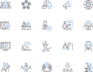 Public relations agency outline icons collection. Public, Relations, Agency, PR, PR Agency, Communications, Branding vector and illustration concept set. Promotion, Strategy, Media linear signs