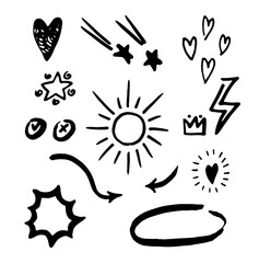 Clipart with different arrows, hearts, stars, check marks and lightnings. Black and white hand-drawn clipart.