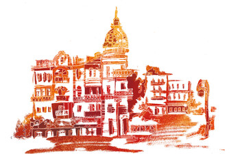 Obraz premium Old hotel building with a tower in a park with a lantern in hot colors. Illustration for design, print on T-shirt, booklets, postcards